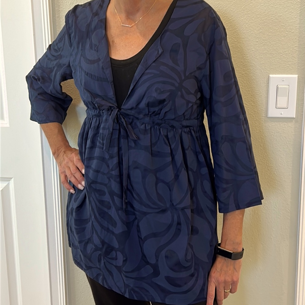 J. Crew Navy Blue v neck semi-sheer quarter sleeve tunic w/ tie